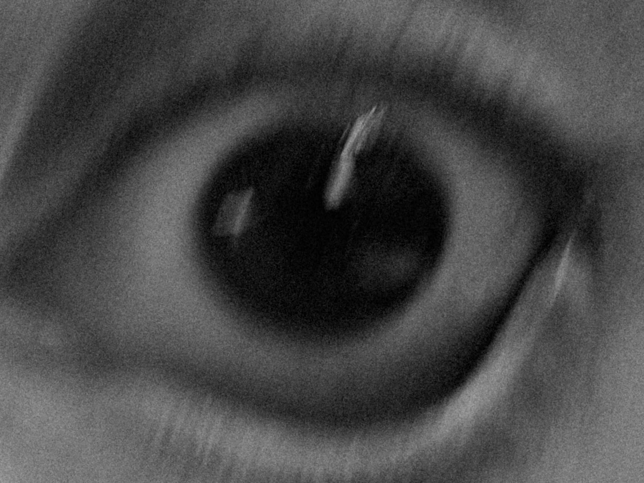 a big, wide-open eye in black and white